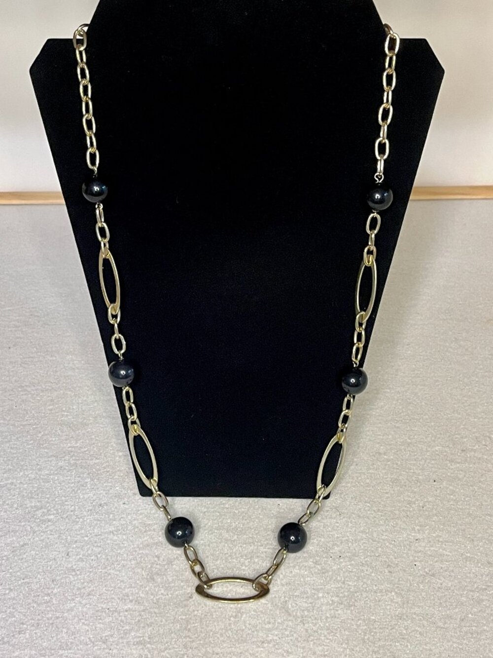 Vintage Black Beads on Gold Chain * Long Length * Quality Costume Jewelry